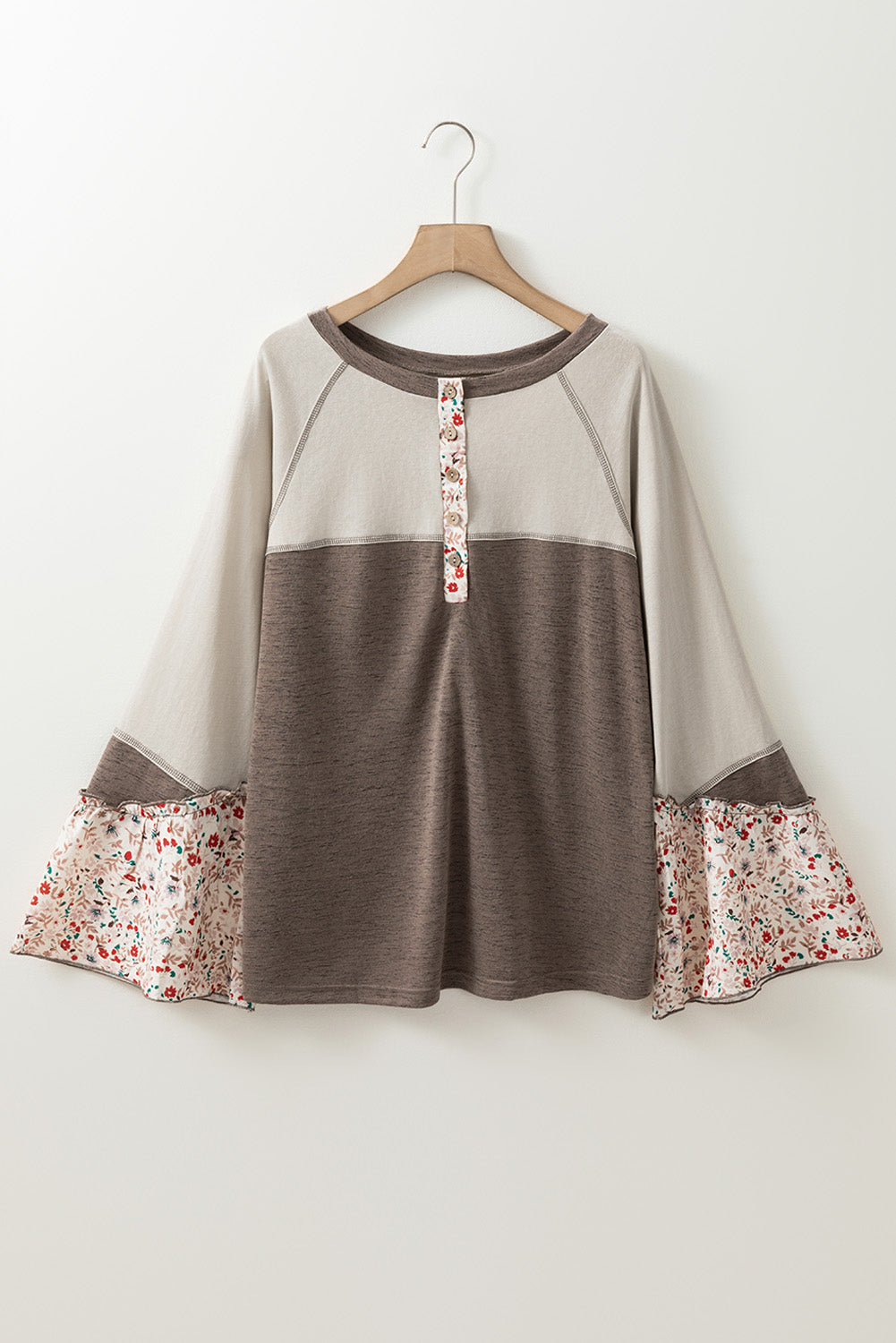 Henley Floral Patchwork Flared Sleeve Top