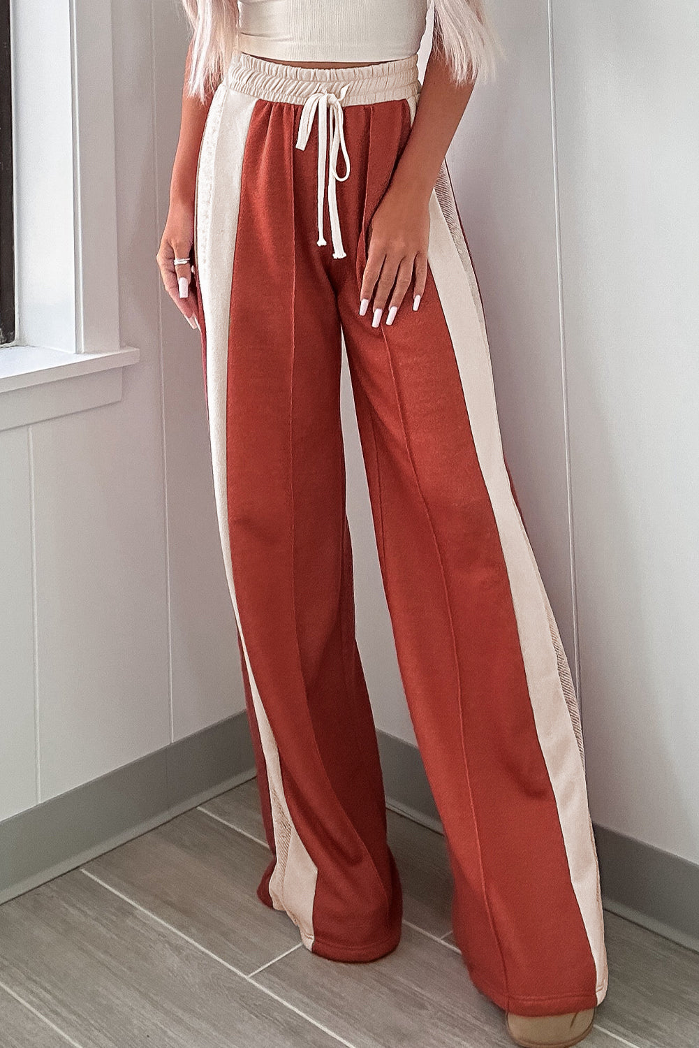 Color Block Drawstring High Waist Wide Leg Pants