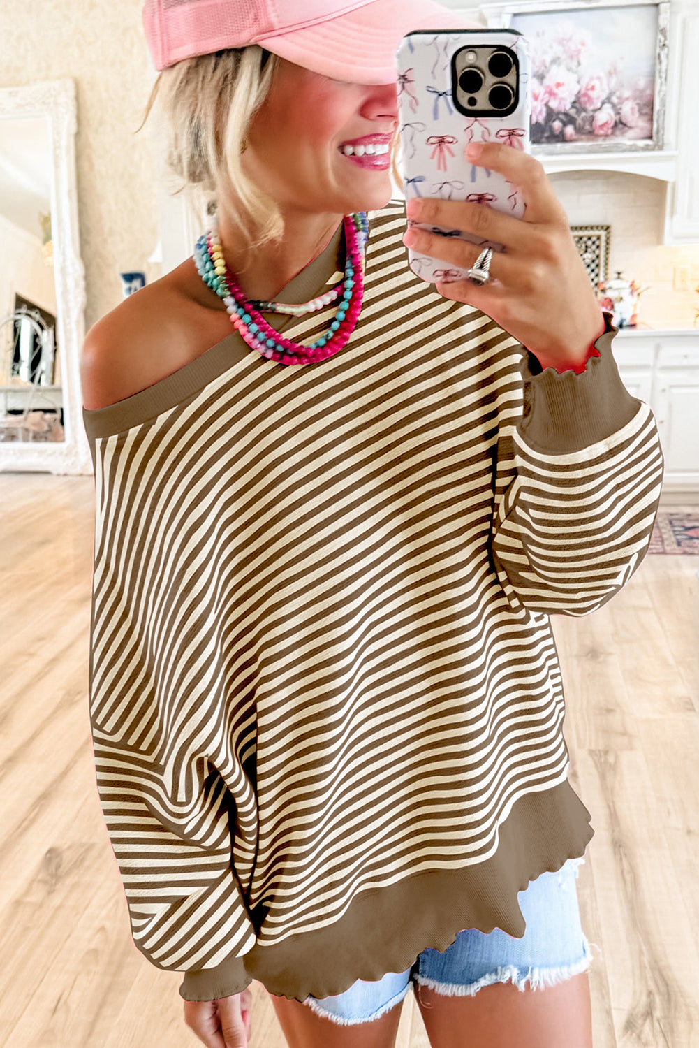 Brown Stripe Loose Drop Shoulder Long Sleeve Top