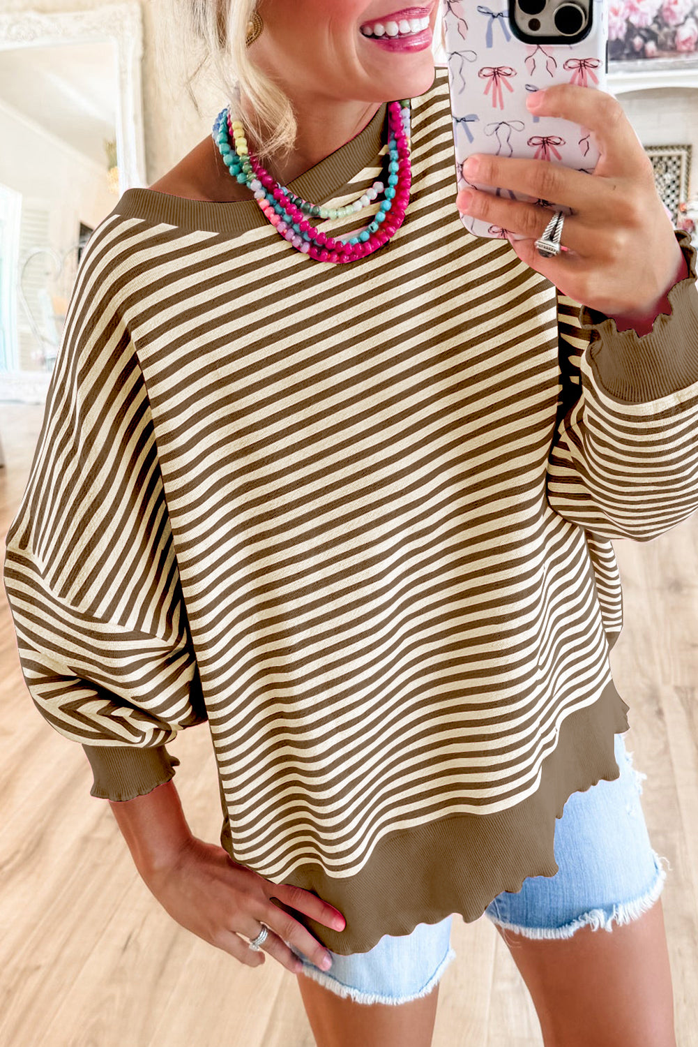 Brown Stripe Loose Drop Shoulder Long Sleeve Top