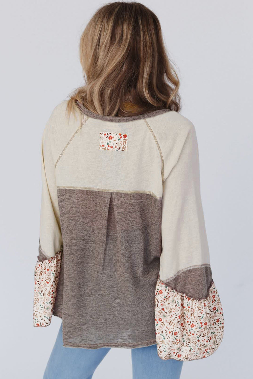 Henley Floral Patchwork Flared Sleeve Top