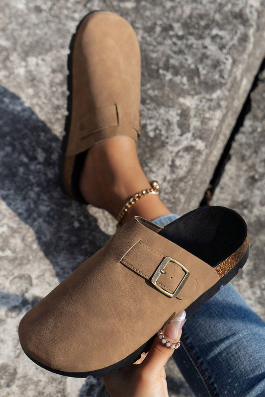 Light Beige Suede Buckle Detail Slippers