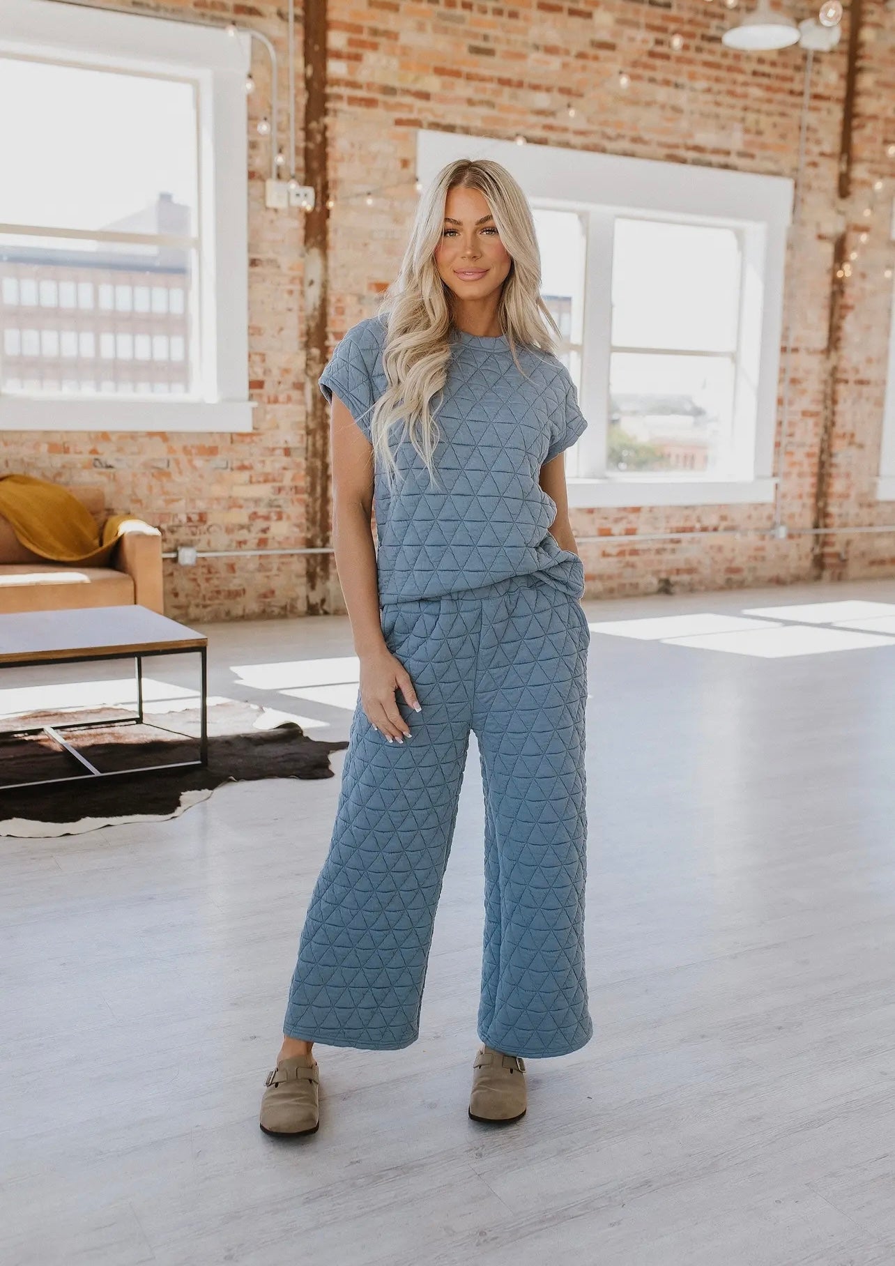 Teal quilted pants set