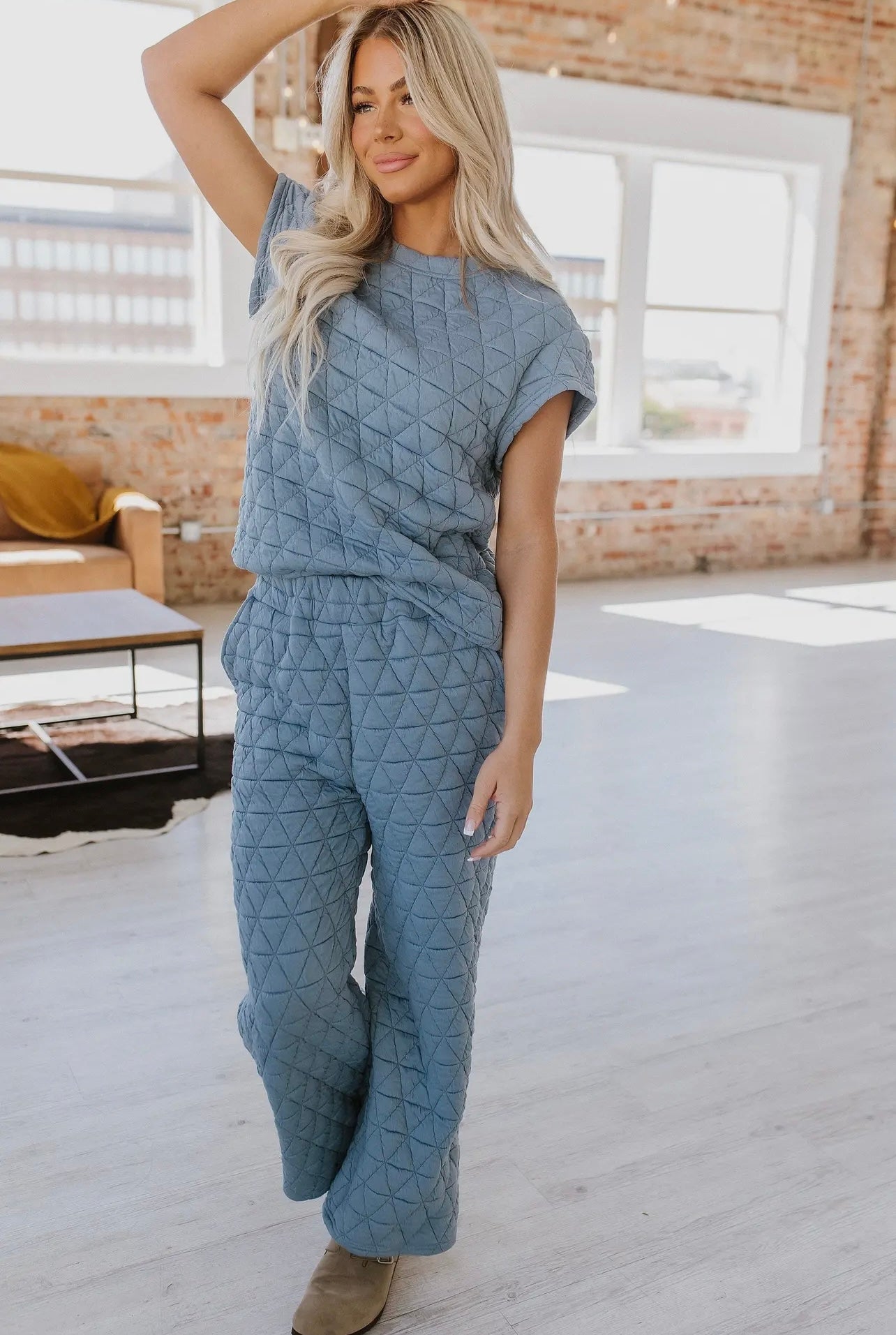 Teal quilted pants set