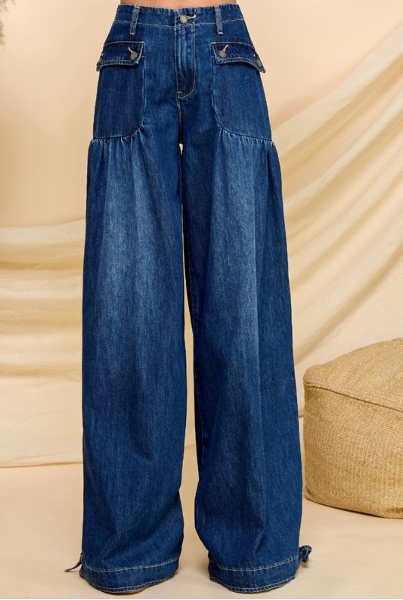 Mariah Ankle Drawstring Wide Denim Pants