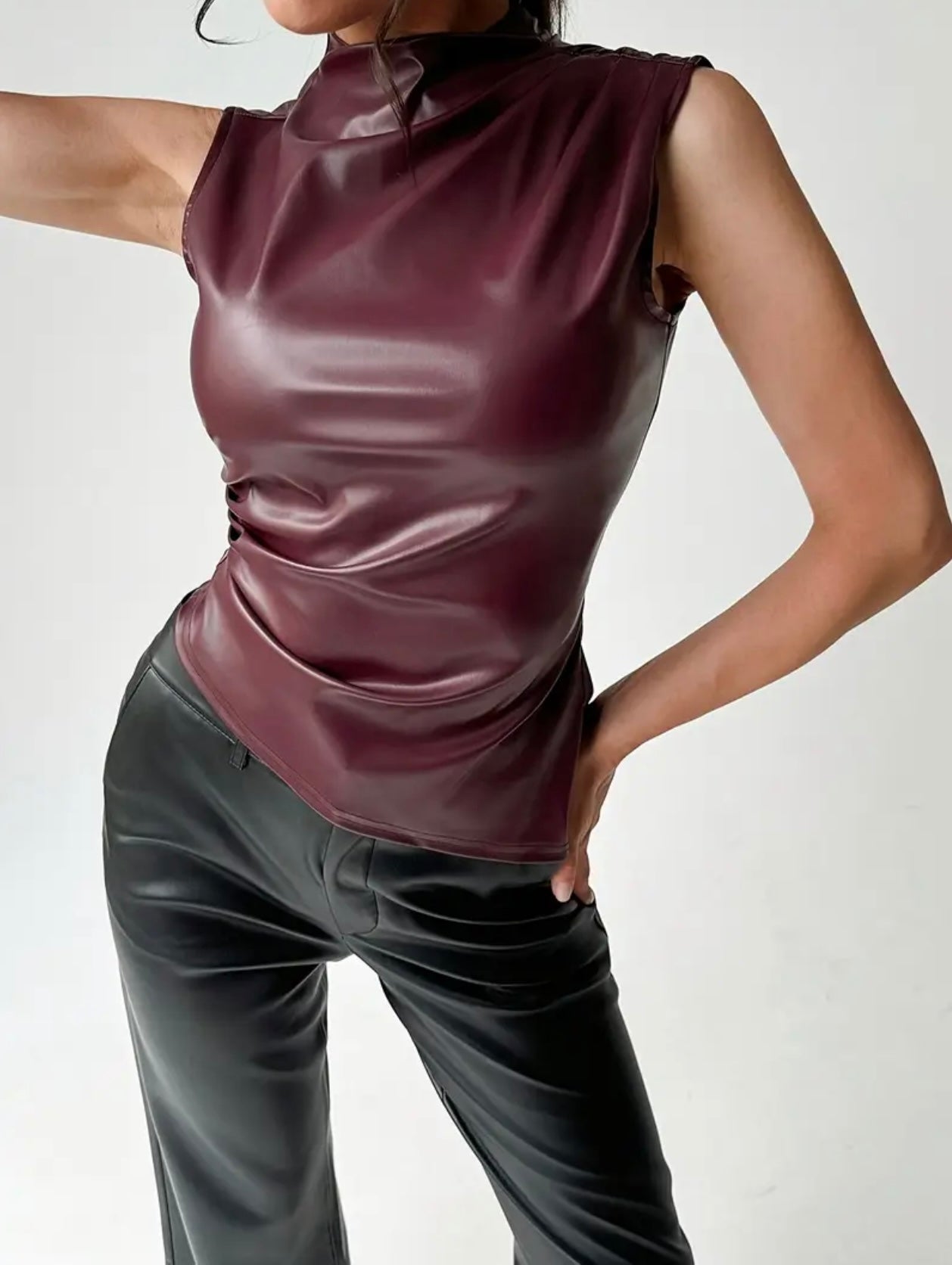 Burgundy Leather Mock Neck Top