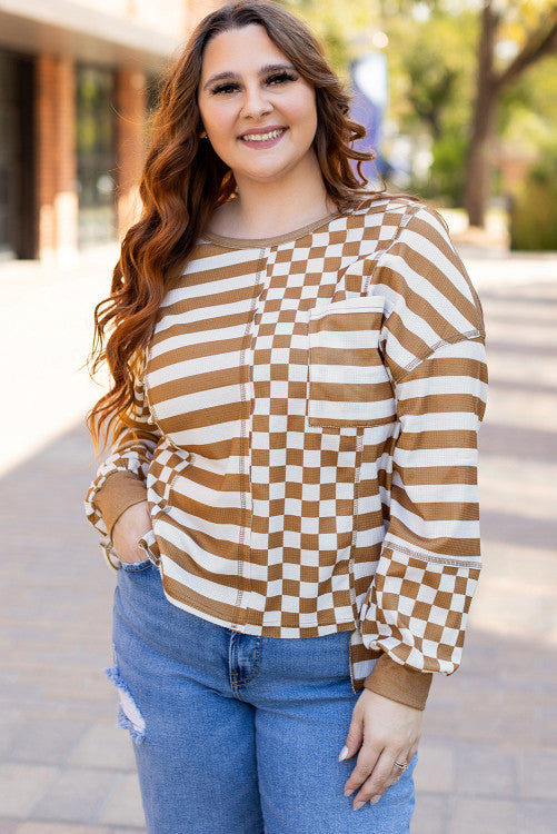 PLUS Brown Checkered Striped Top