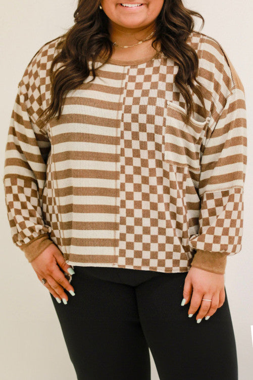 PLUS Brown Checkered Striped Top