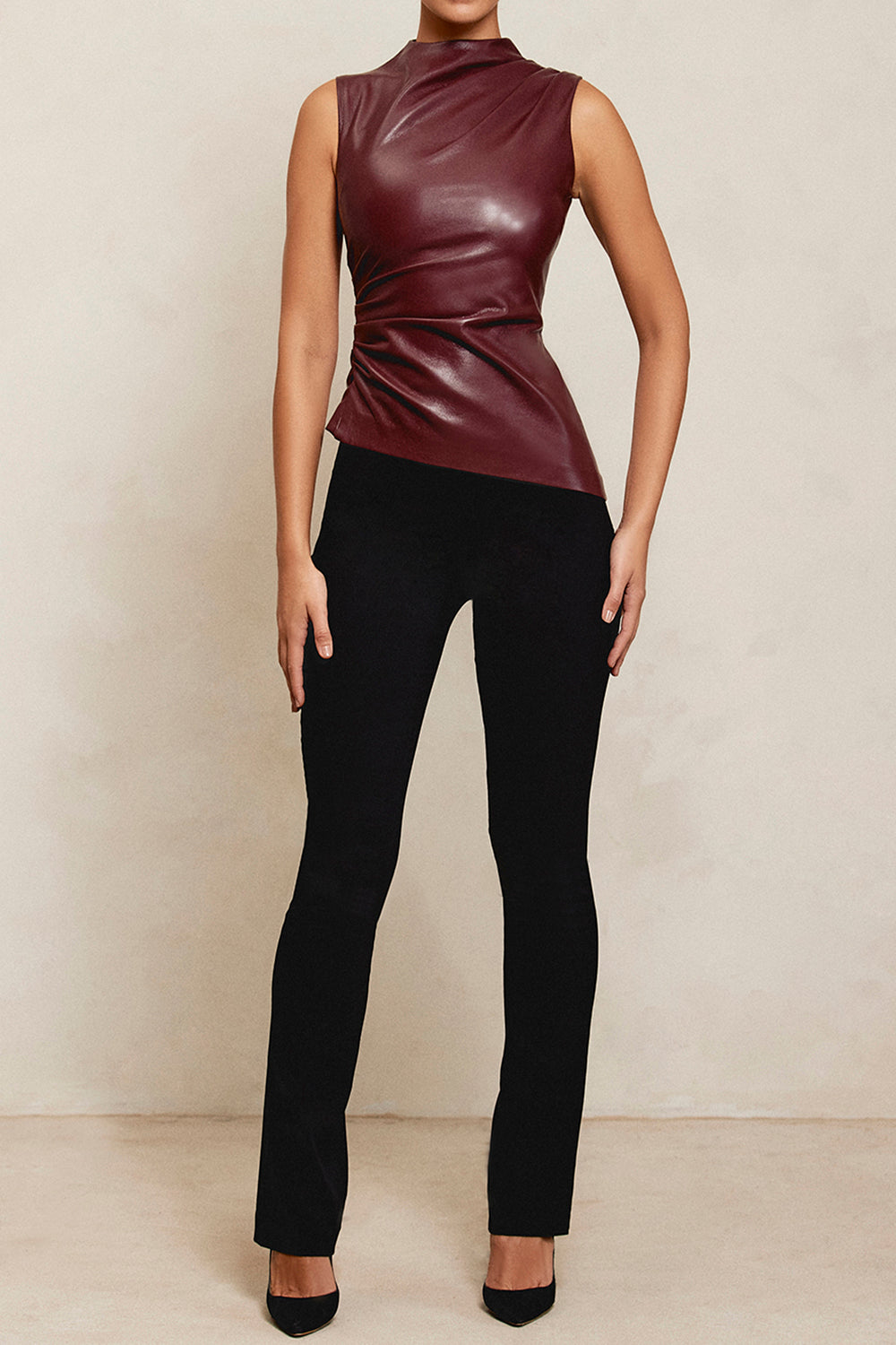 Burgundy Leather Mock Neck Top