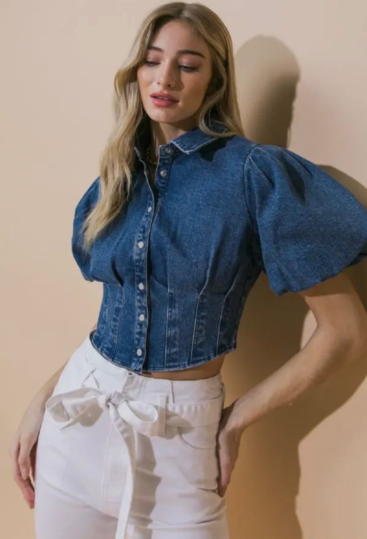 Jean Queen denim puff sleeve top