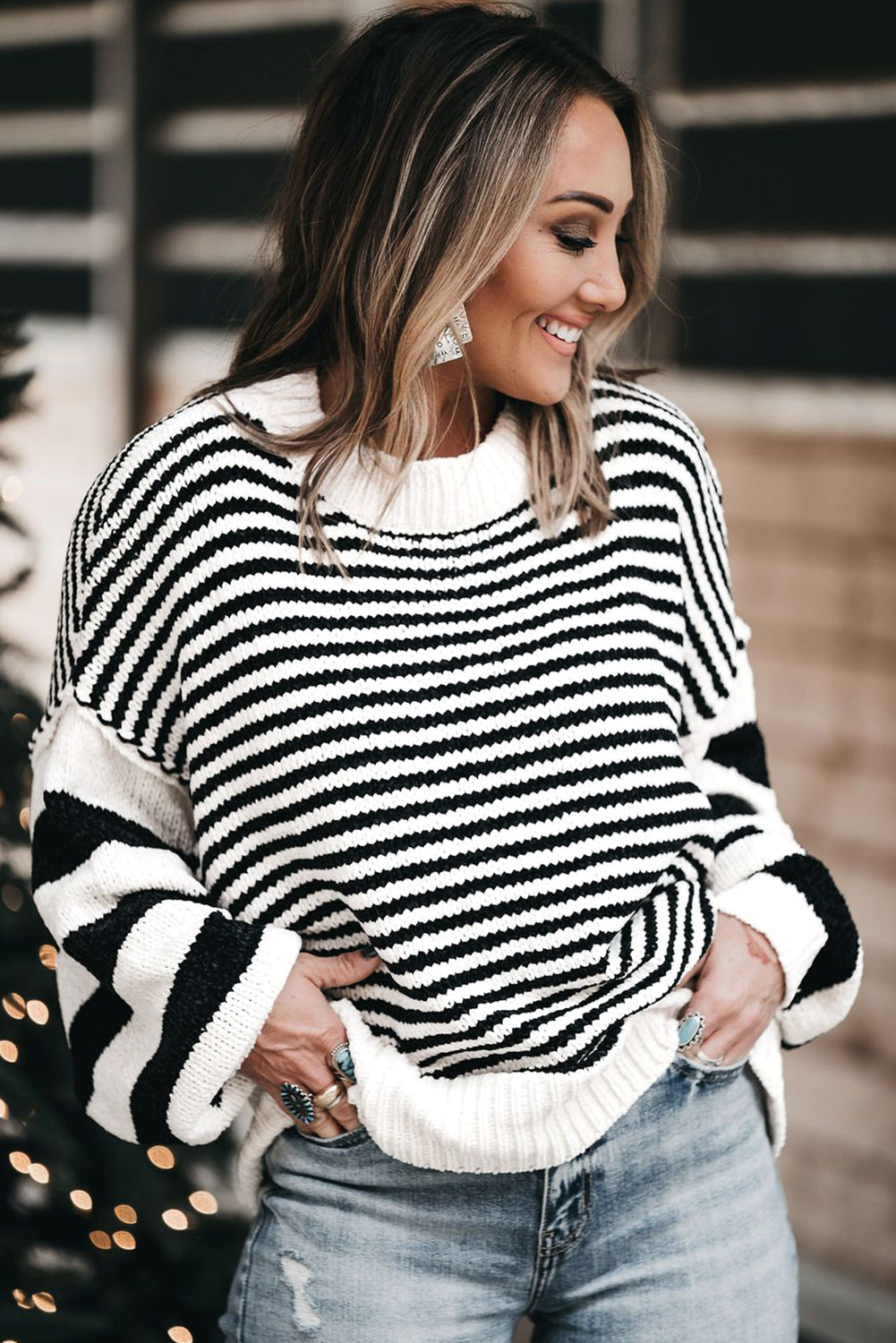 Caroline Black white Striped Knit Sweater