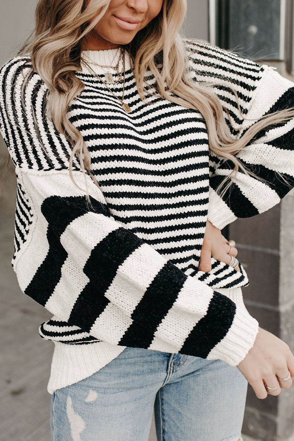 Caroline Black white Striped Knit Sweater