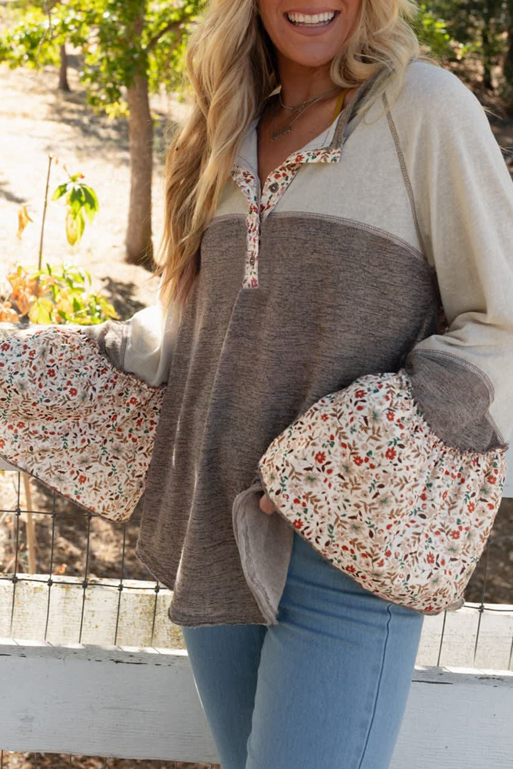 Henley Floral Patchwork Flared Sleeve Top