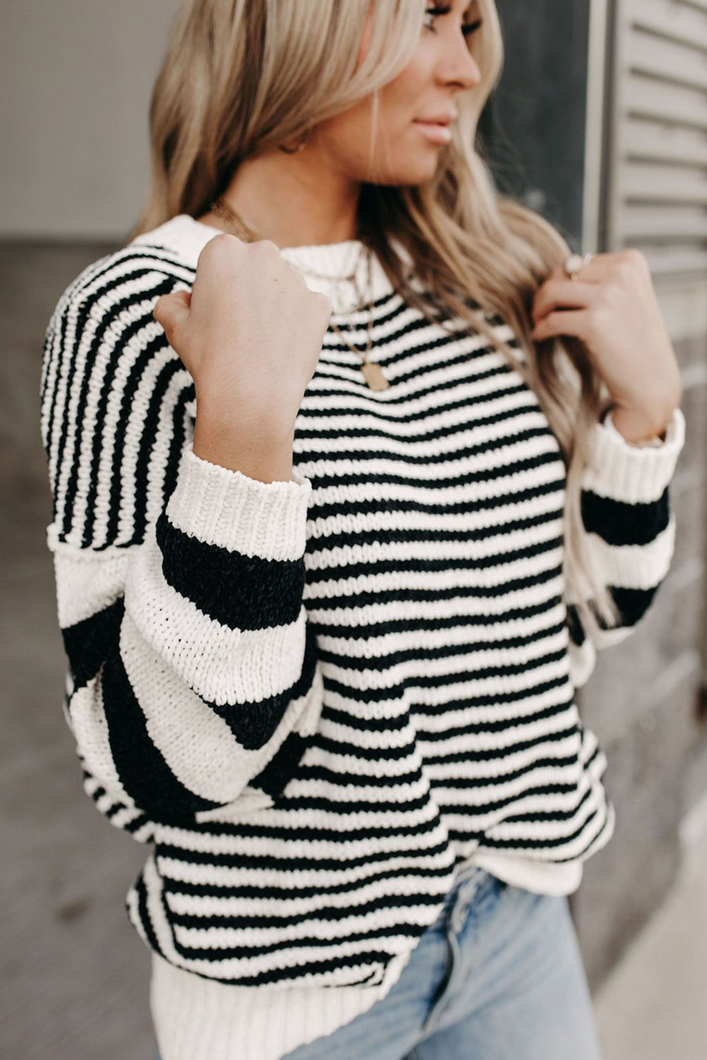 Caroline Black white Striped Knit Sweater